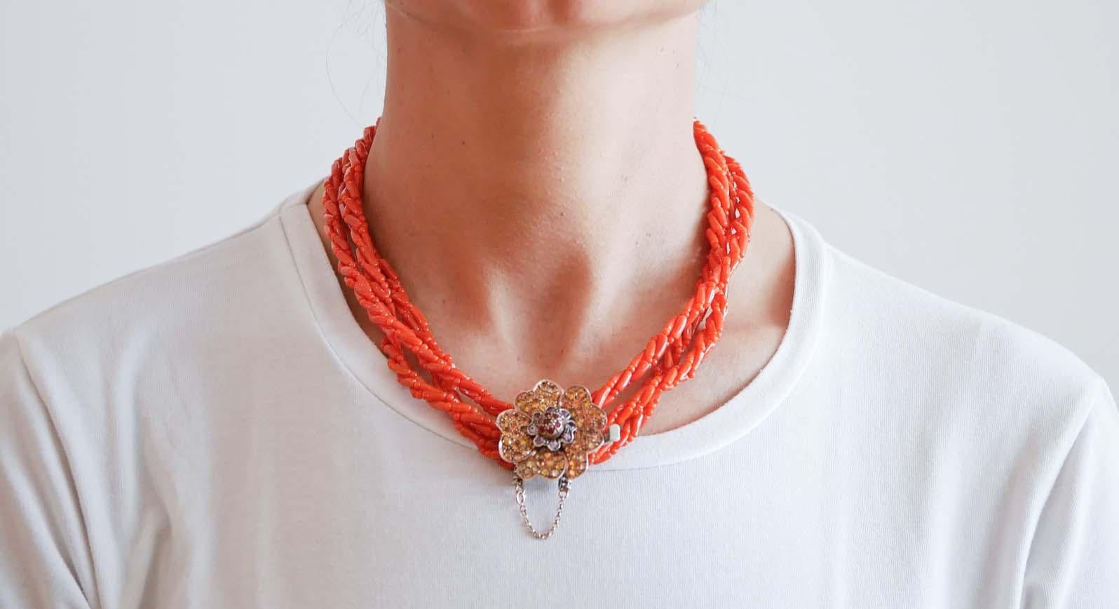 Mixed Cut Coral, Multicolor Sapphires, Rose Gold and Silver Necklace. For Sale