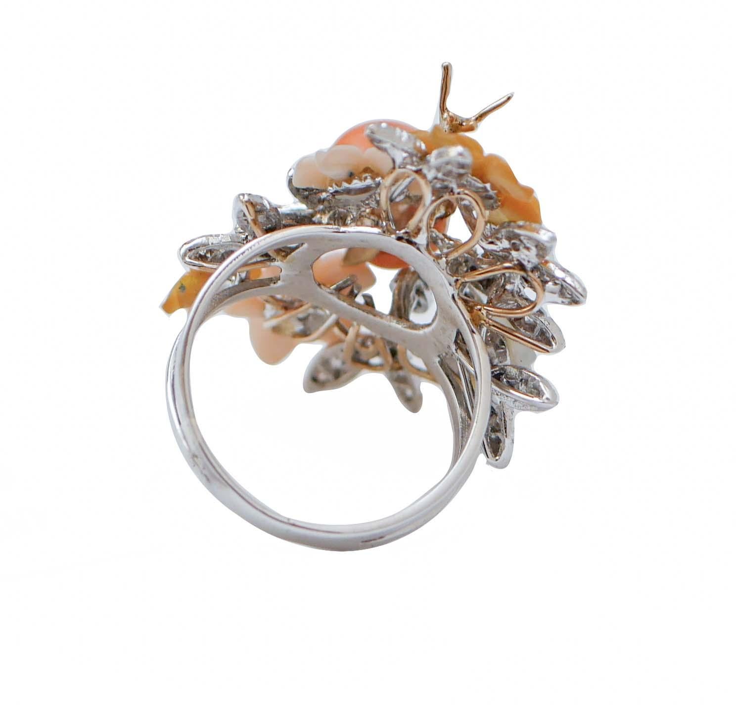 Koralle, mehrfarbige Steine, Diamanten, Ring aus 14 Karat Weißgold. (Retro)