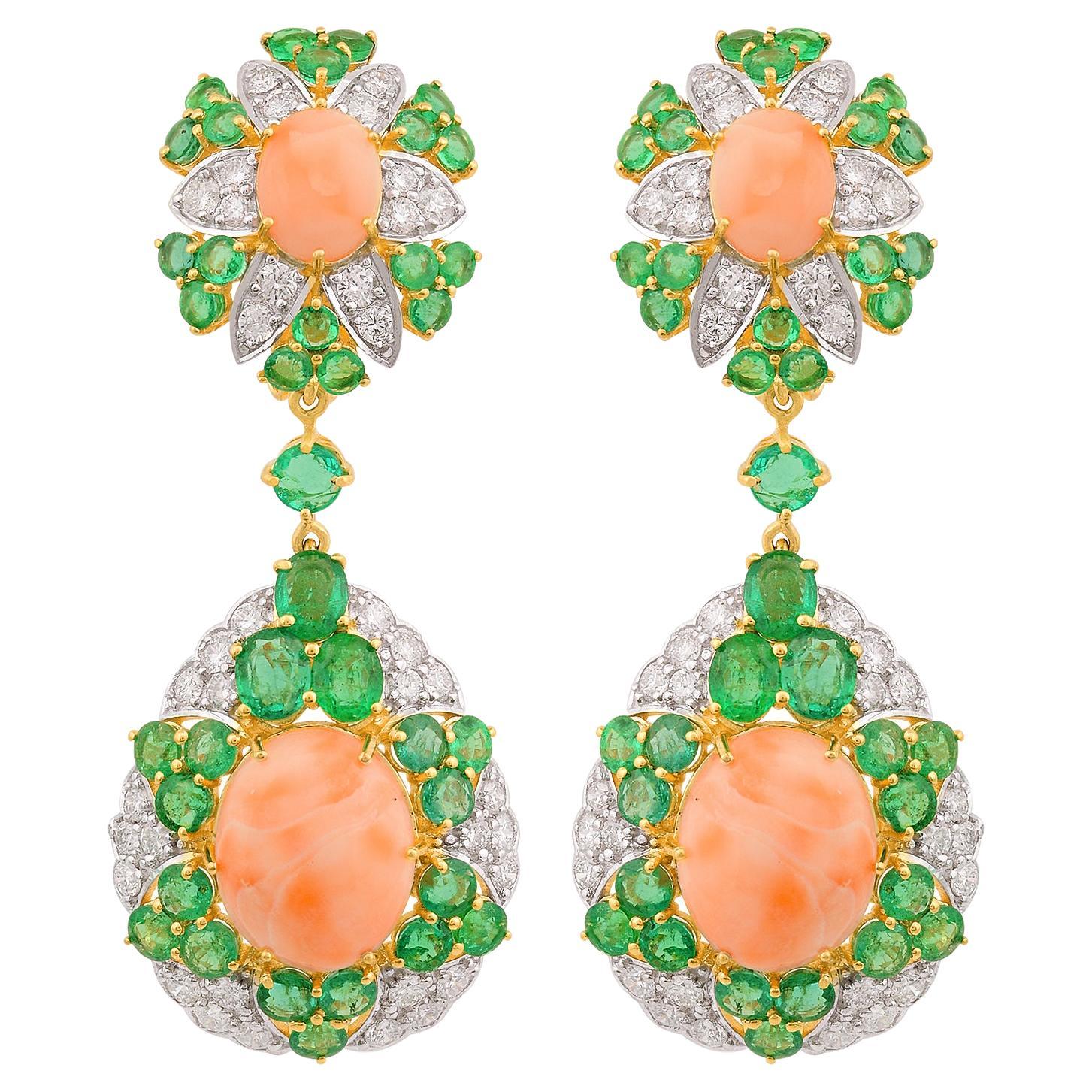 Coral Natural Emerald Gemstone Dangle Earrings 14k Yellow Gold Diamond Jewelry