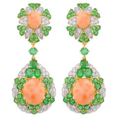 Used Coral Natural Emerald Gemstone Dangle Earrings 14k Yellow Gold Diamond Jewelry