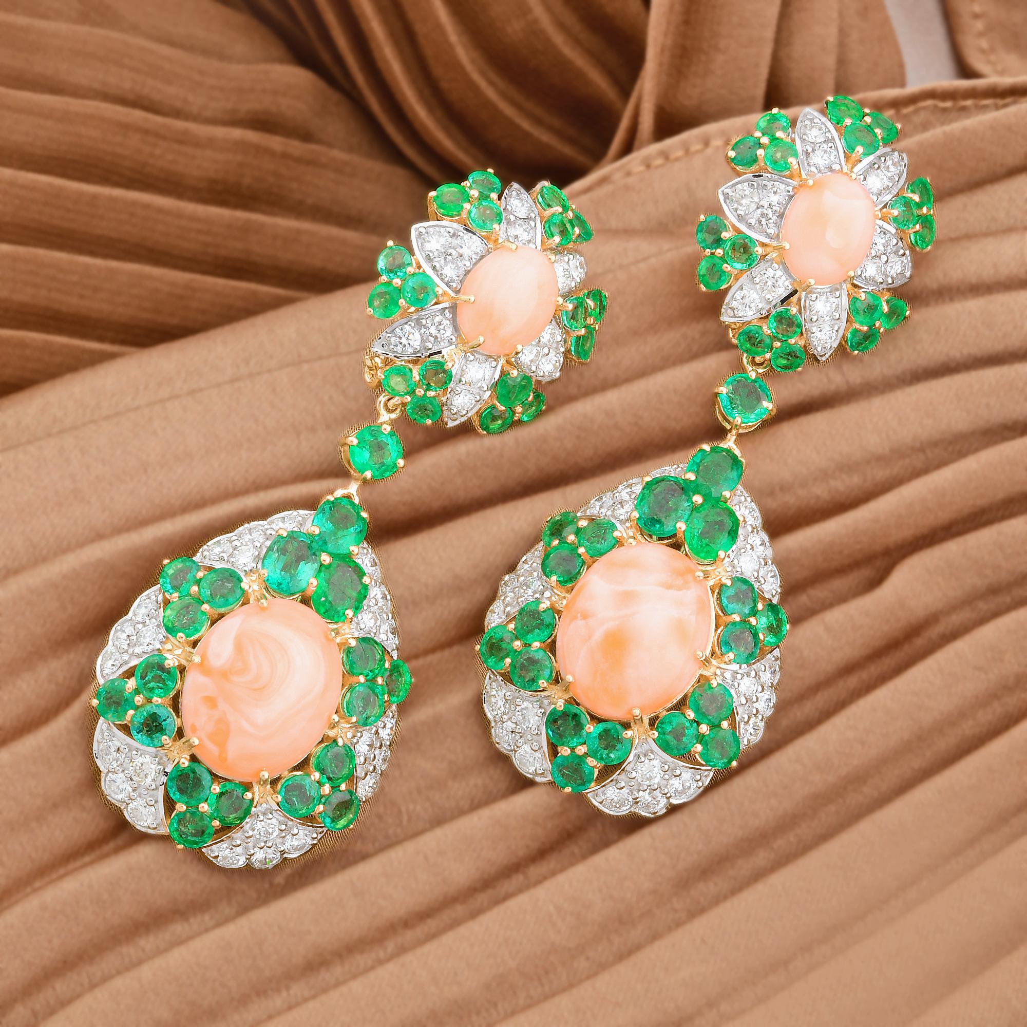 Round Cut Coral Natural Emerald Gemstone Dangle Earrings 18k Yellow Gold Diamond Jewelry For Sale
