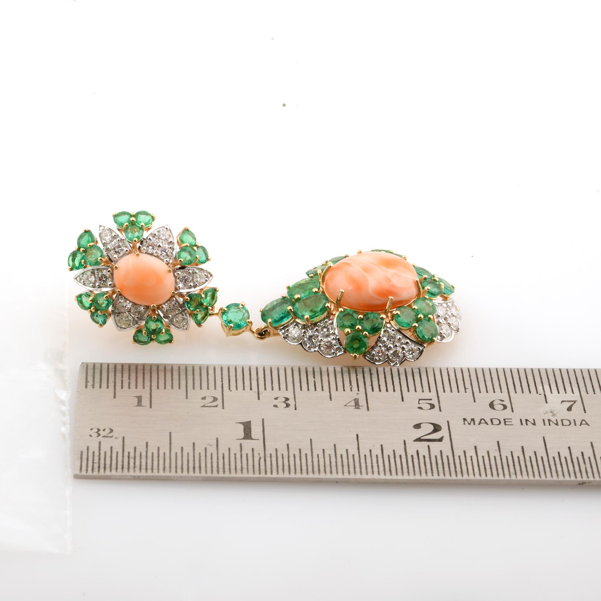 Coral Natural Emerald Gemstone Dangle Earrings 18k Yellow Gold Diamond Jewelry For Sale 1