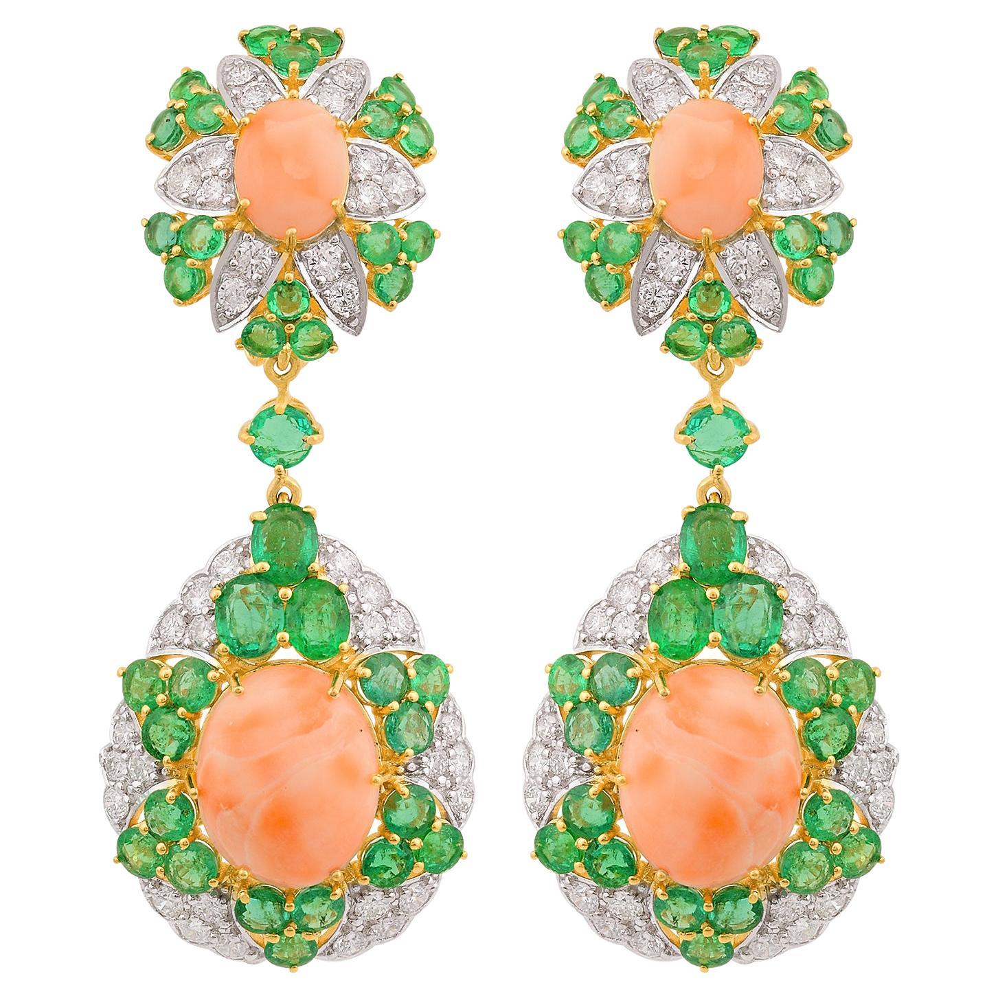 Coral Natural Emerald Gemstone Dangle Earrings 18k Yellow Gold Diamond Jewelry
