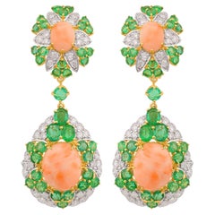 Pendientes Colgantes Coral Esmeralda Natural Oro Amarillo 18k Joyas Diamante