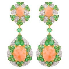 Coral Natural Emerald Gemstone Dangle Earrings 18k Yellow Gold Diamond Jewelry