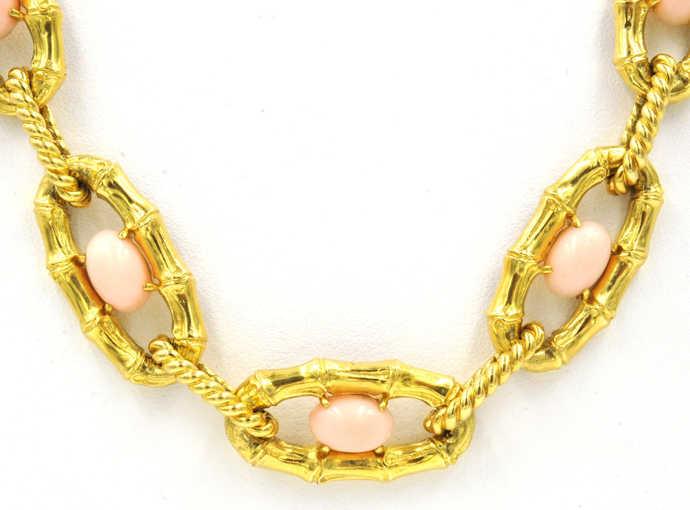 Retro Coral Necklace and Bracelet Bamboo Motif 18 Karat Yellow Gold French Made