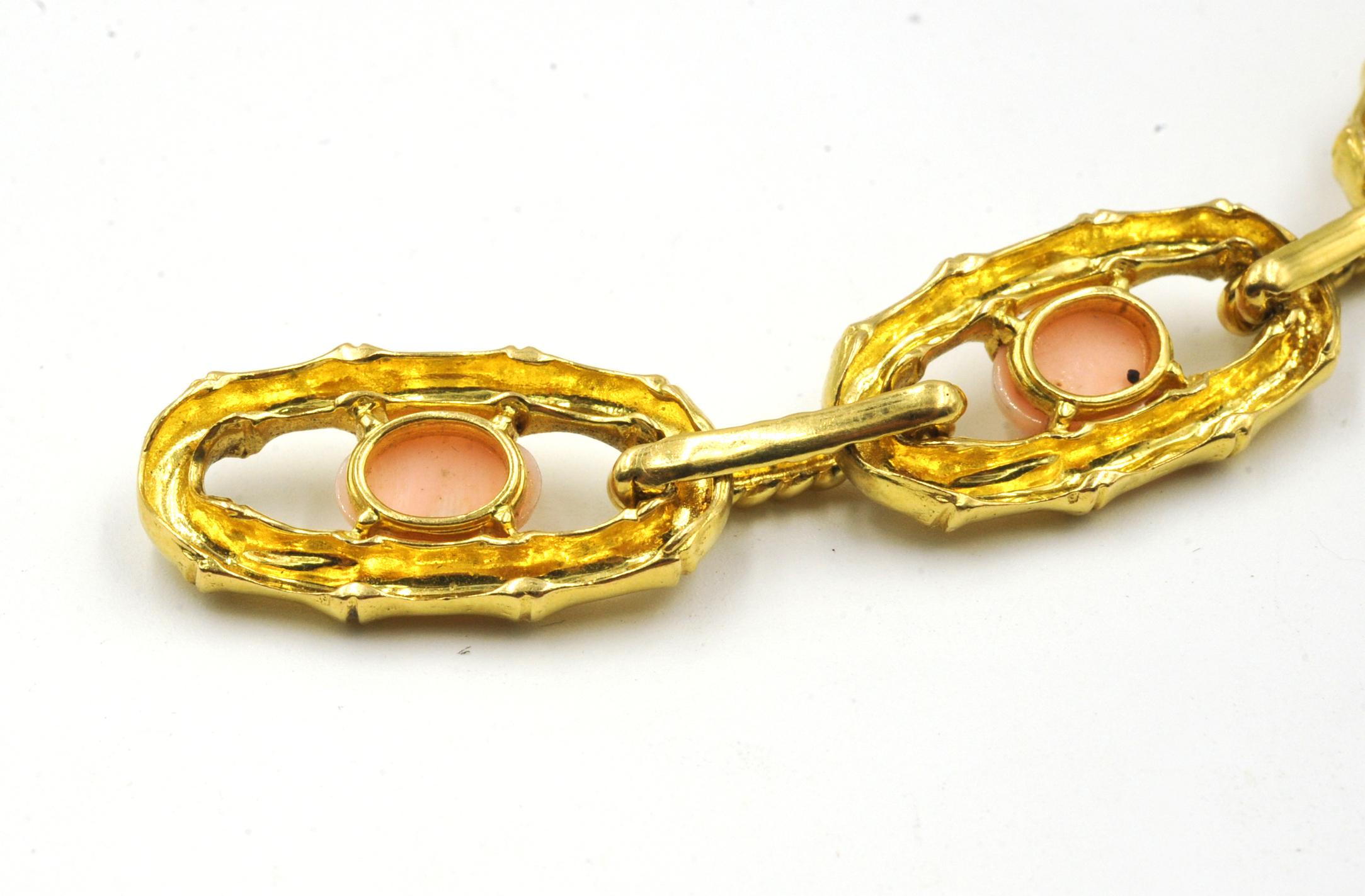Women's or Men's Coral Necklace and Bracelet Bamboo Motif 18 Karat Yellow Gold French Made