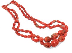 Red Coral Rows, Diamonds, Rose Gold and Silver Double Strand Necklace