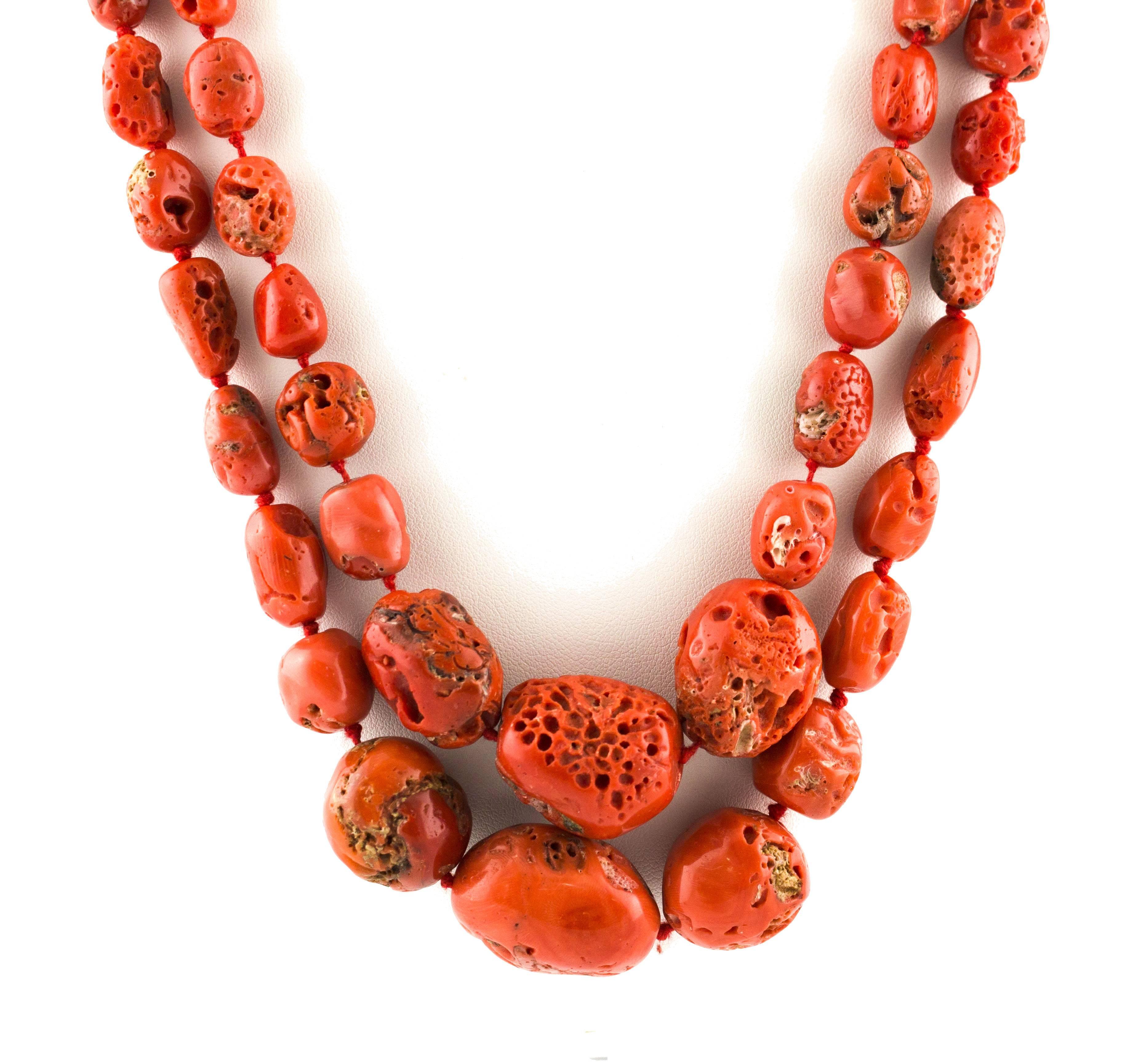 Retro Red Coral Rows, Diamonds, Rose Gold and Silver Double Strand Necklace For Sale