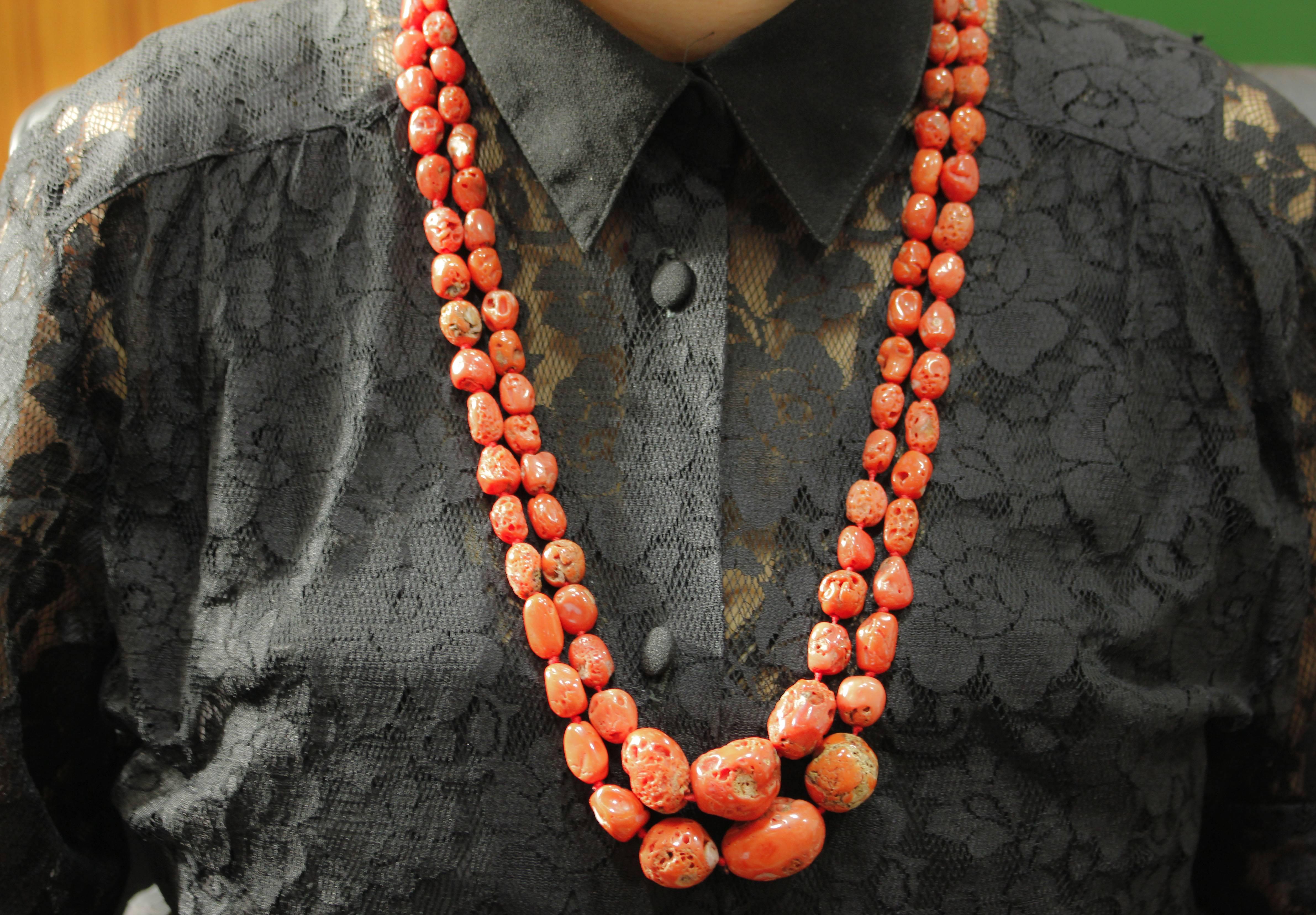 Mixed Cut Red Coral Rows, Diamonds, Rose Gold and Silver Double Strand Necklace For Sale