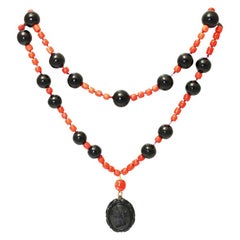 Coral Necklace with Agate Cameo and Agate Balls, Biedermeier