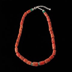 Coral Necklace with Emeralds and 14k Gold, Wear 17-19"