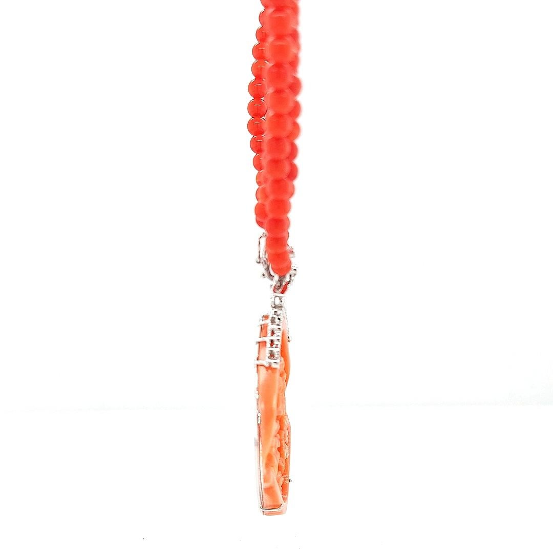 Brilliant Cut Coral Necklace with Floral Coral Removable Pendant Set with Diamonds For Sale