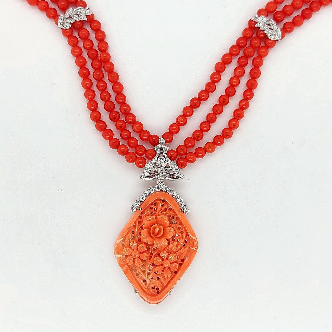 Women's or Men's Coral Necklace with Floral Coral Removable Pendant Set with Diamonds For Sale