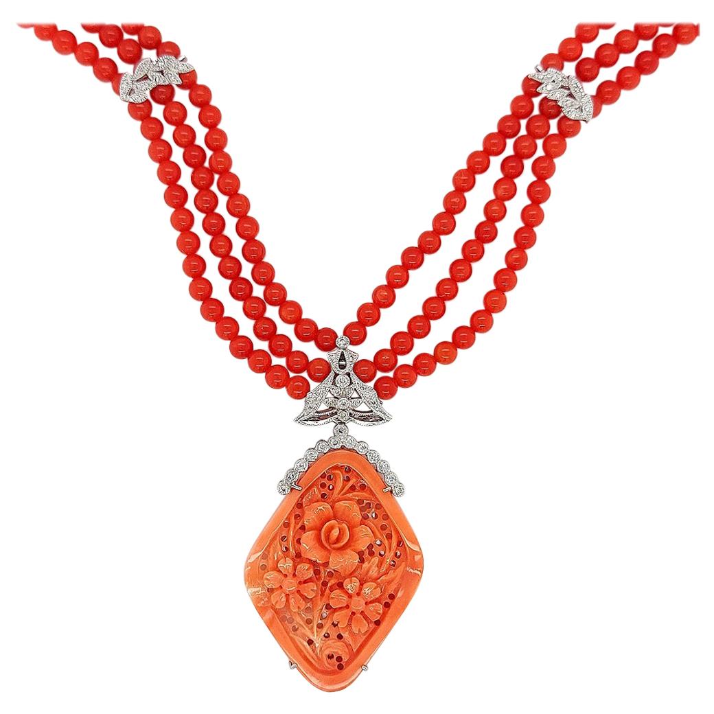 Coral Necklace with Floral Coral Removable Pendant Set with Diamonds