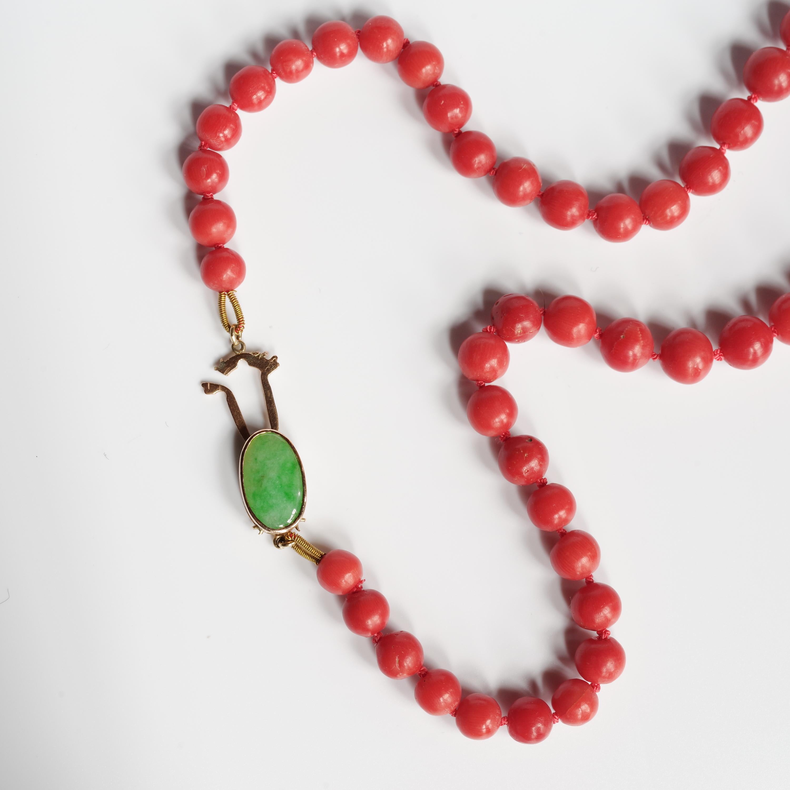 Coral Necklace with Jade Clasp, circa 1960s 5