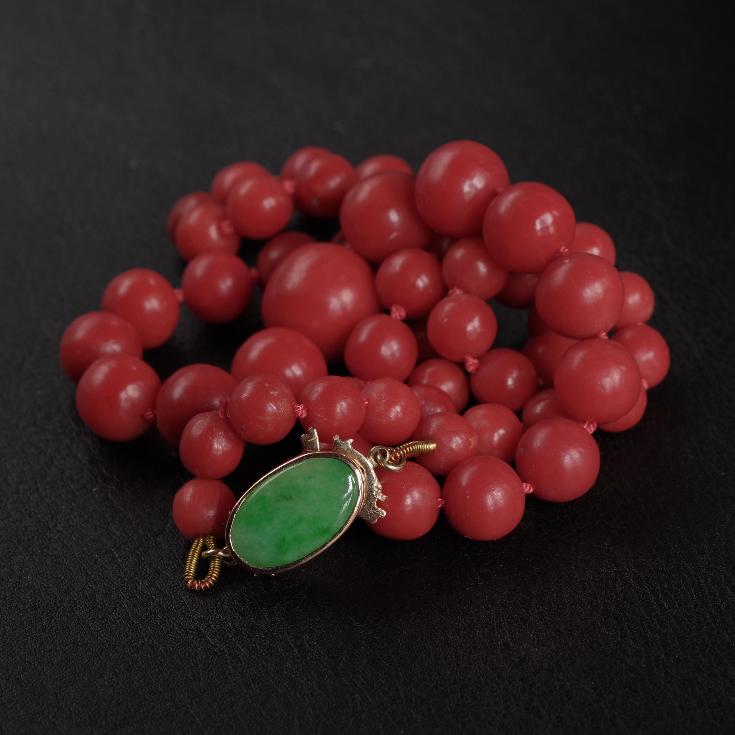 Modern Coral Necklace with Jade Clasp, circa 1960s