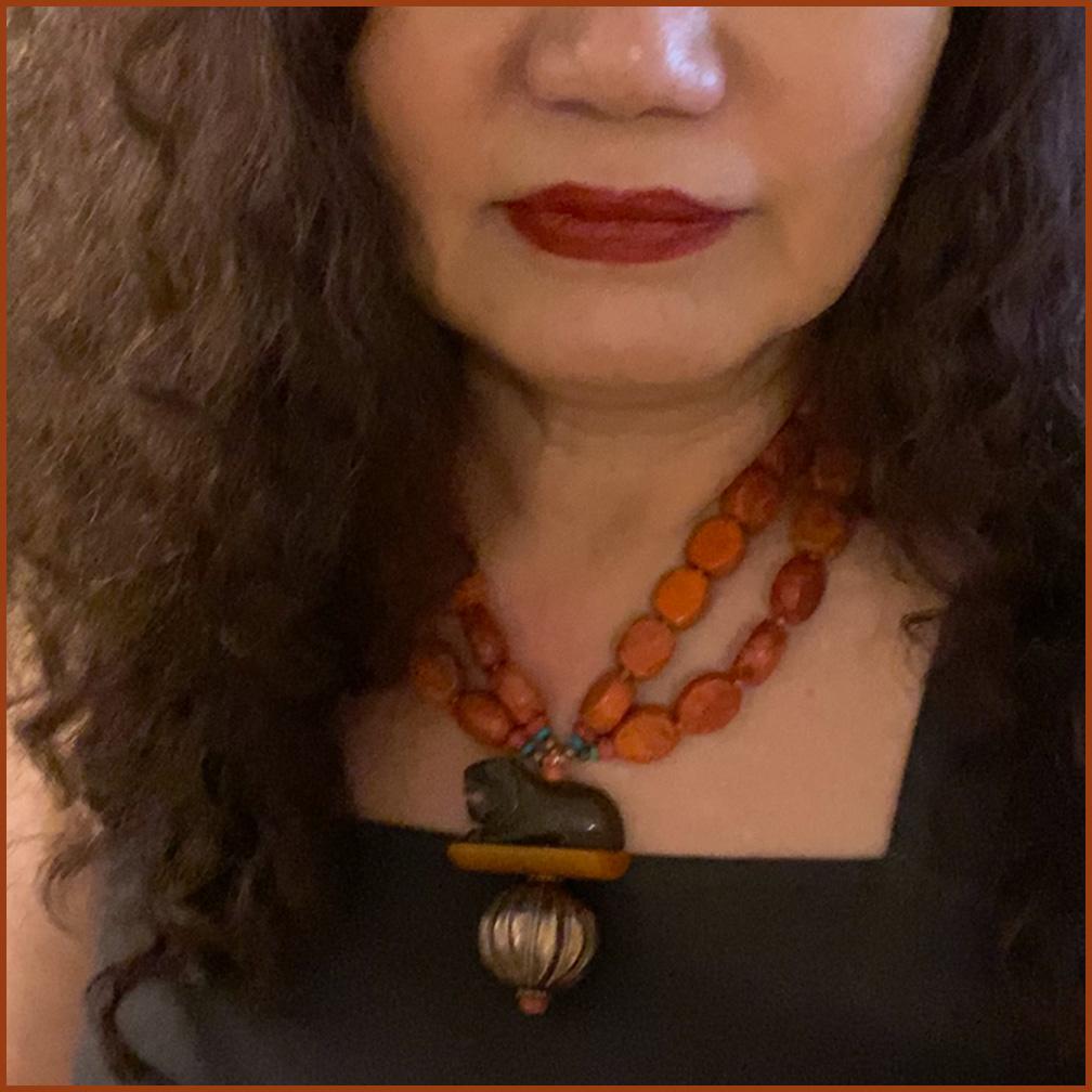 Artisan Coral Necklace with Stone Lion Pendant For Sale