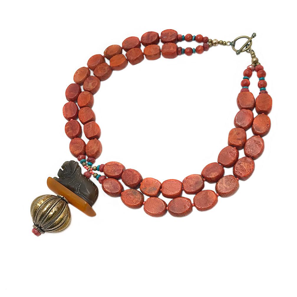 Bead Coral Necklace with Stone Lion Pendant For Sale