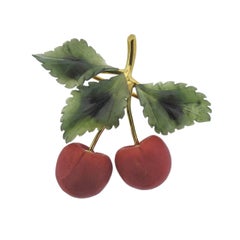 Vintage Coral Nephrite Gold Cherry Brooch Pin