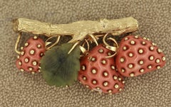 Coral Nephrite Gold Strawberry Brooch