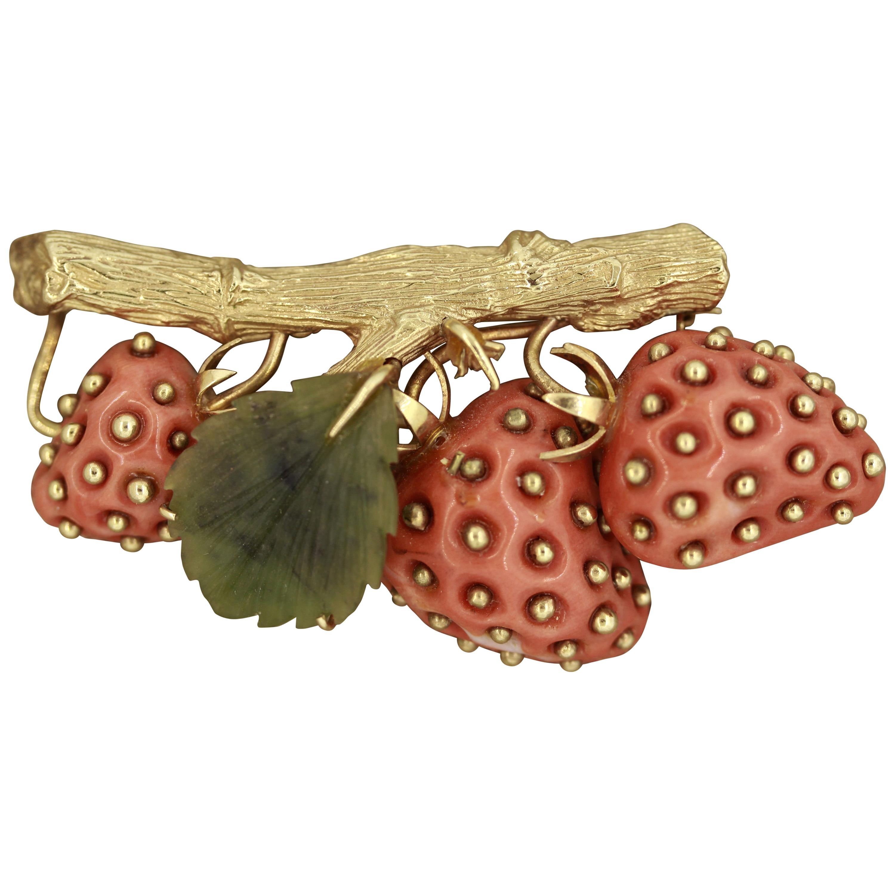 Coral Nephrite Gold Strawberry Brooch