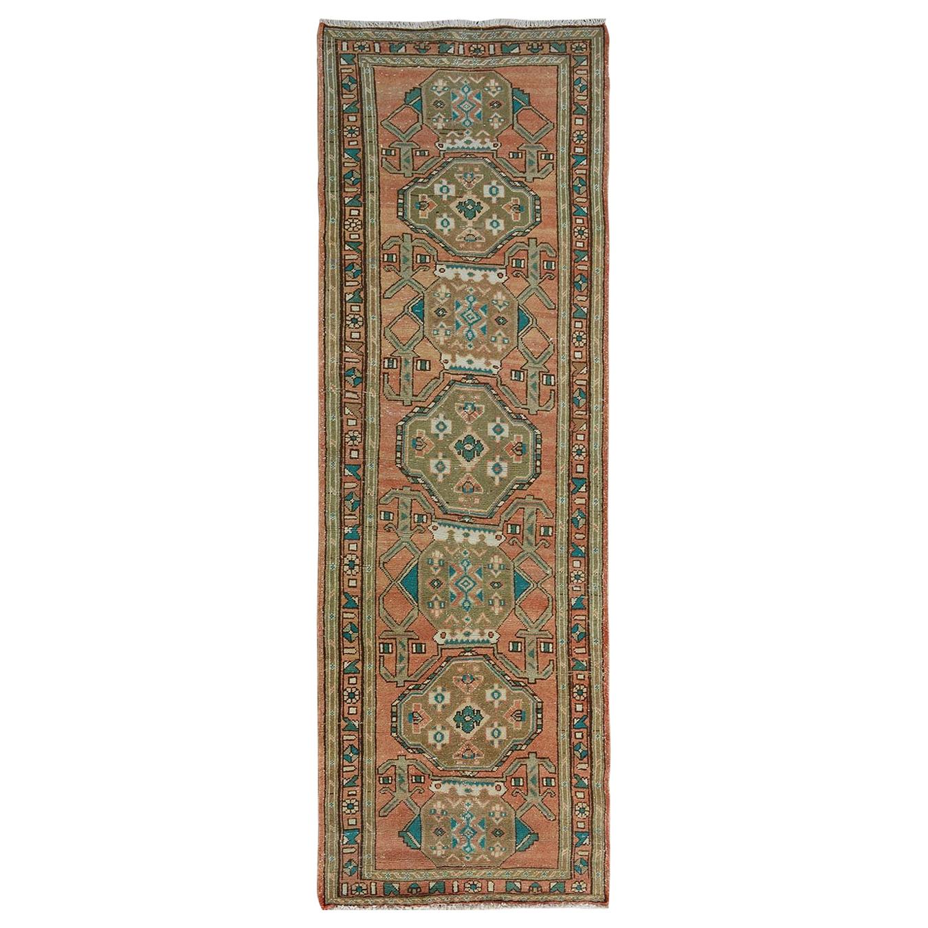 Coral Old and Worn Down Persian Heriz Hand Knotted Runner Oriental Rug