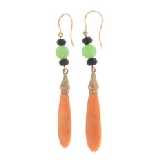 Coral Onyx Agate 9 Karat Yellow Gold Drop Earrings