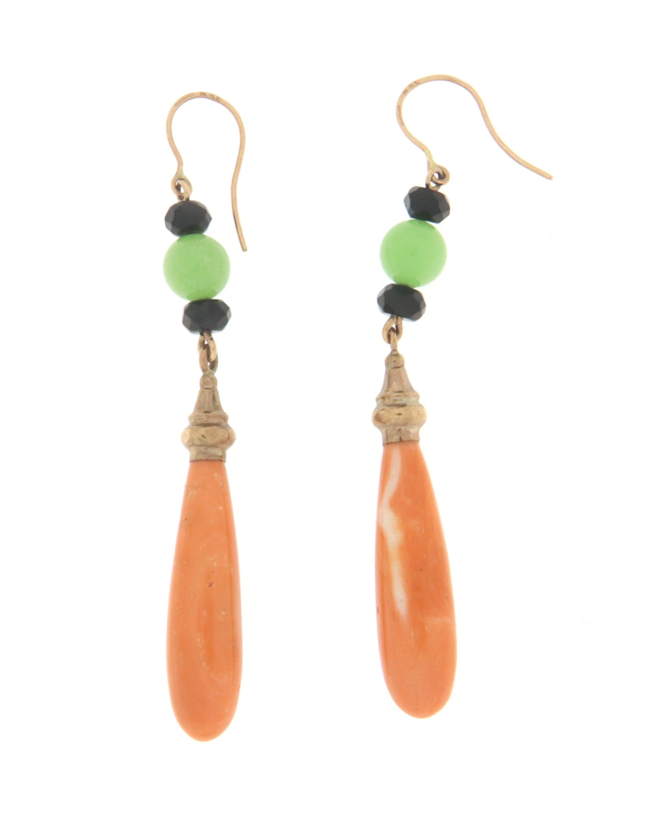 Coral Onyx Agate 9 Karat Yellow Gold Drop Earrings In New Condition For Sale In Marcianise, IT