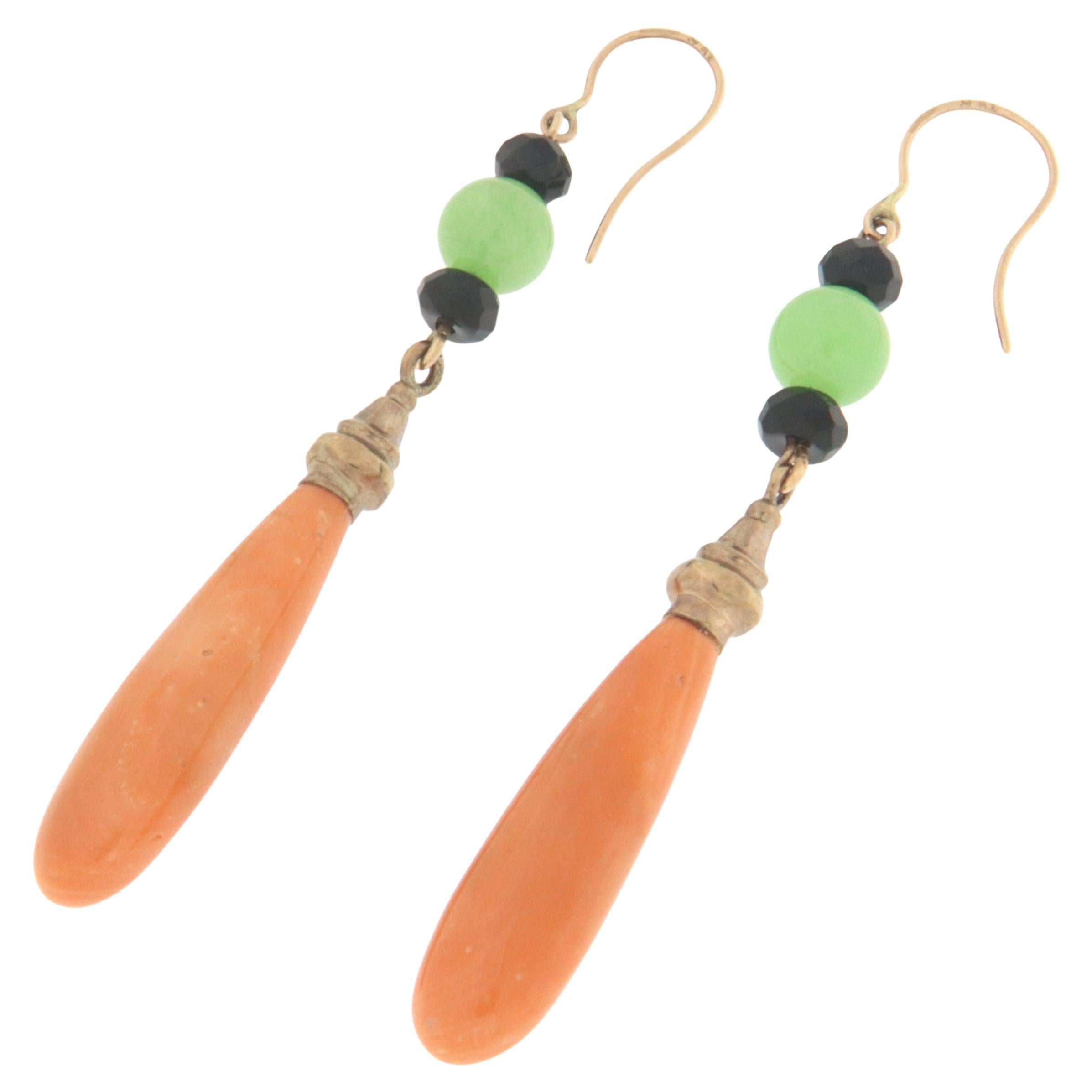 Coral Onyx Agate 9 Karat Yellow Gold Drop Earrings For Sale