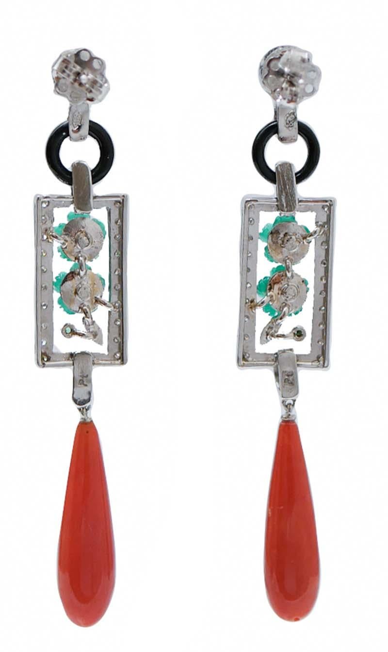 Retro Coral, Onyx, Agate, Diamonds, Tsavorite, Platinum Earrings.