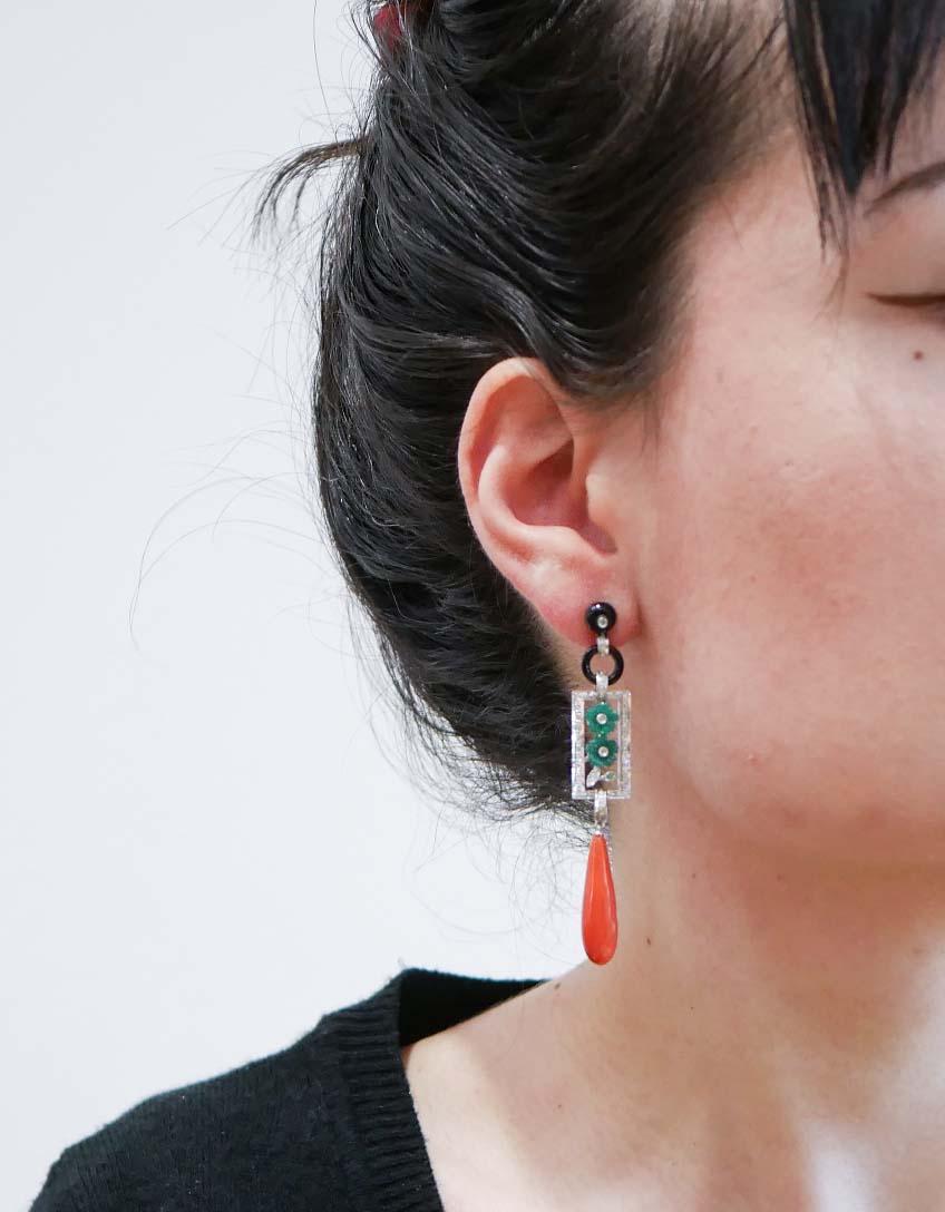 Mixed Cut Coral, Onyx, Agate, Diamonds, Tsavorite, Platinum Earrings.