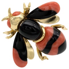 Coral Onyx and 18 Karat Gold Bumble-Bee Pin Brooch