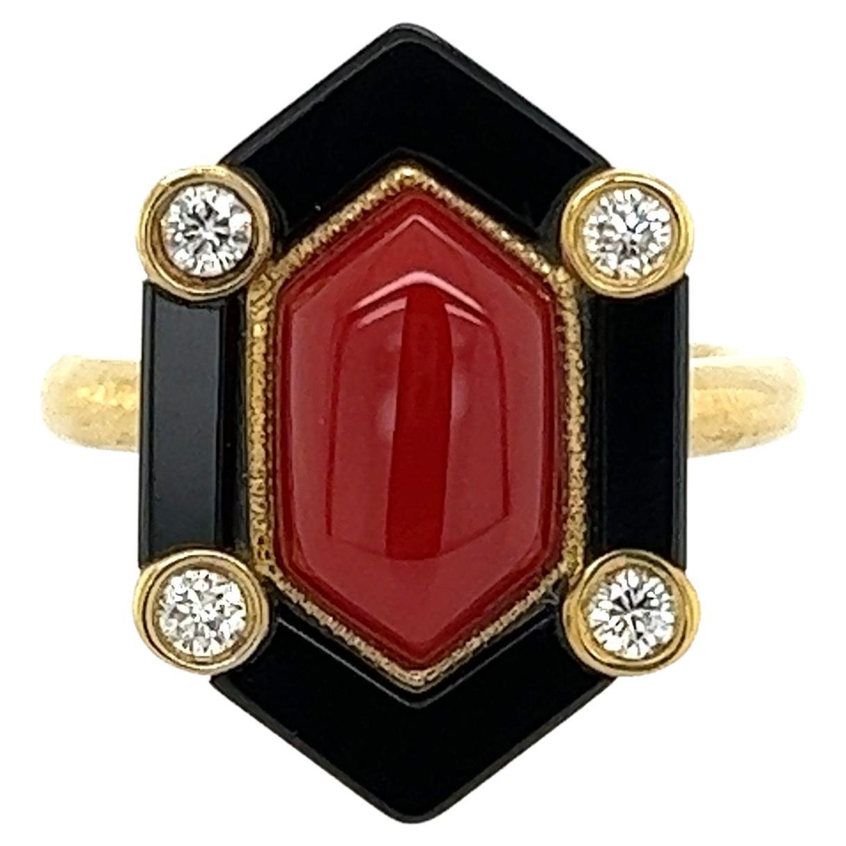 Coral Onyx and Diamond Art Deco Revival Gold Ring Estate Fine Jewelry