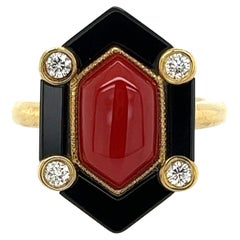 Coral Onyx and Diamond Art Deco Revival Gold Ring Estate Fine Jewelry