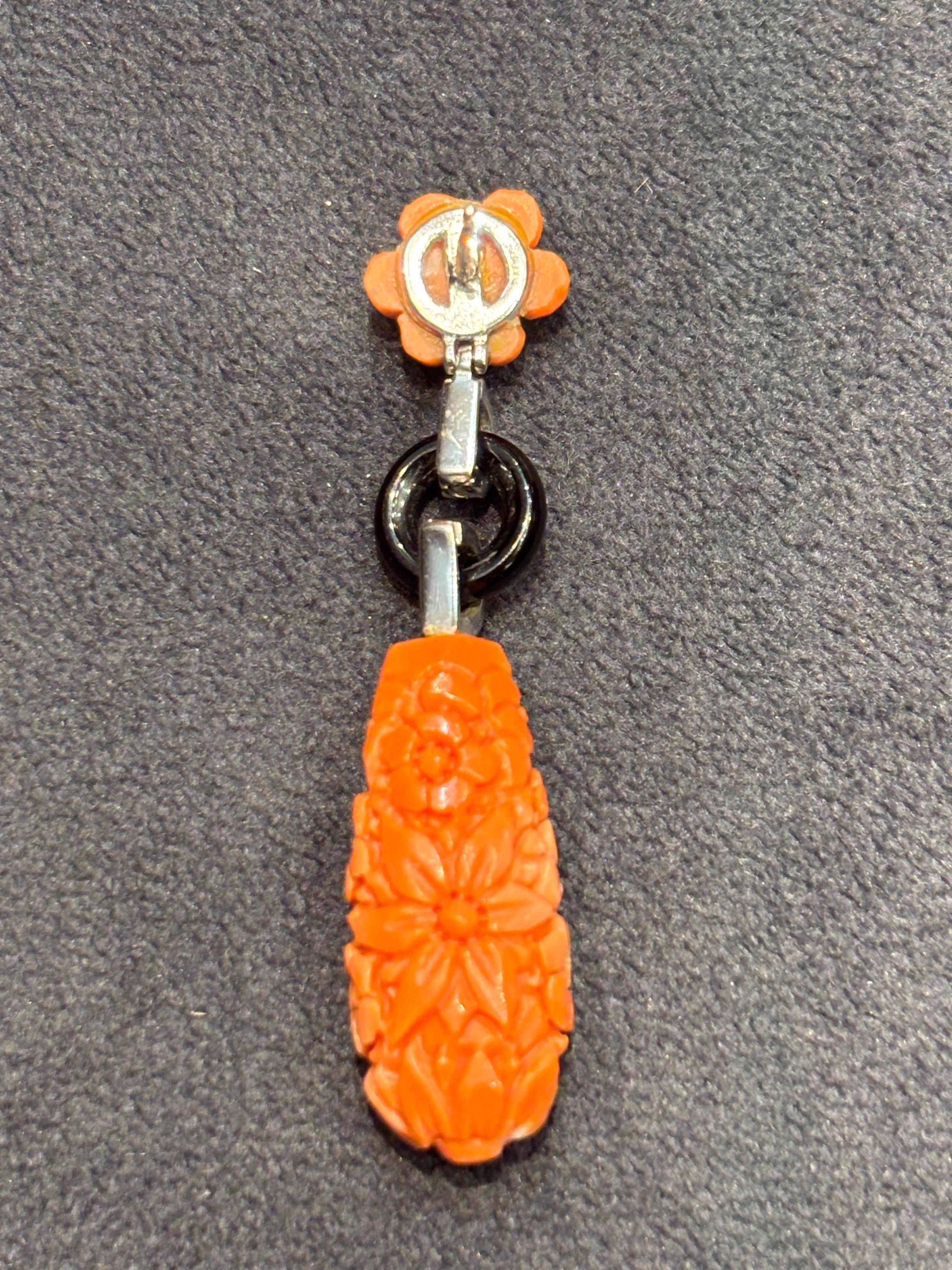 Mixed Cut Coral, onyx and diamond dangly earrings For Sale