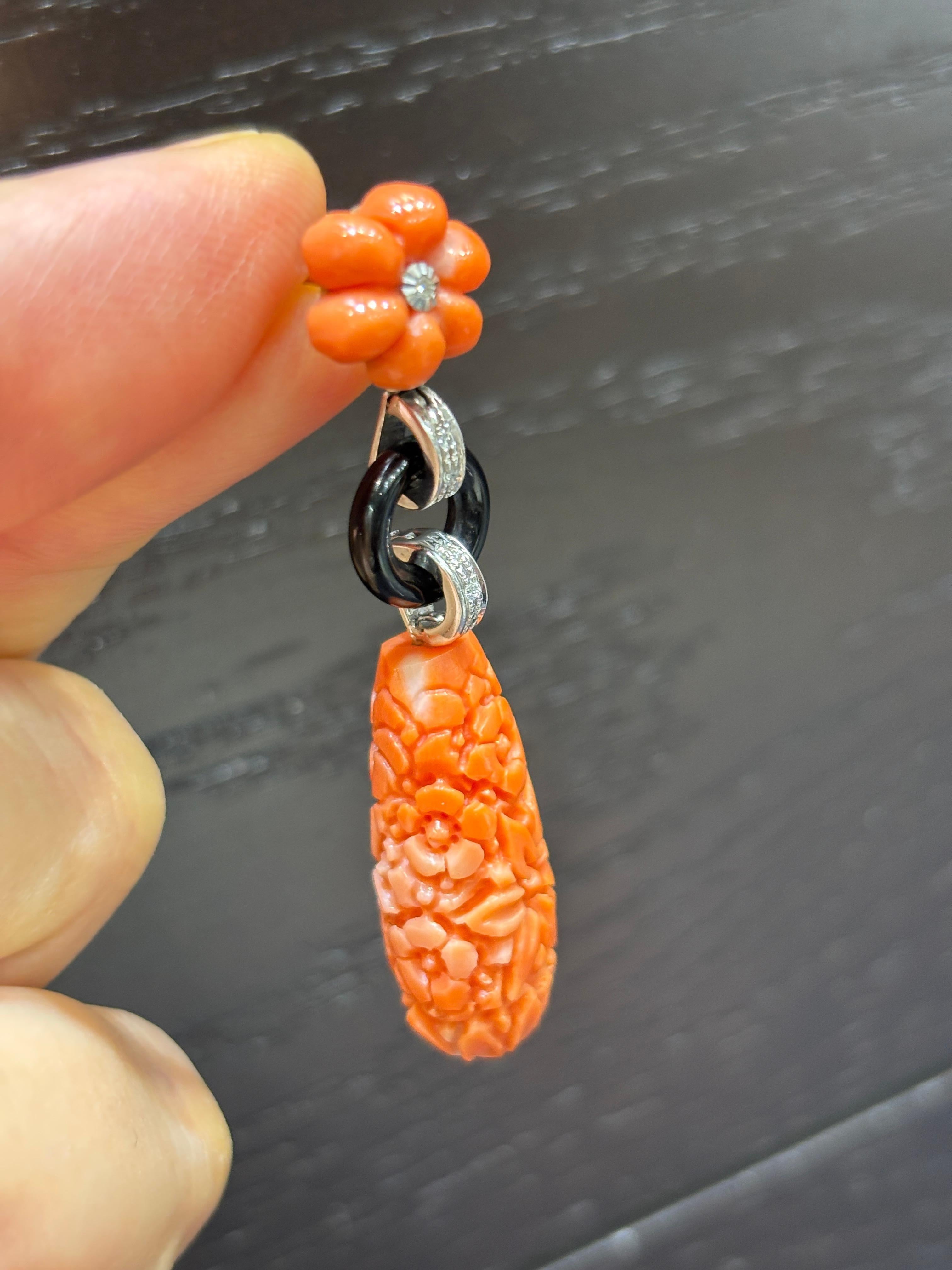 Women's or Men's Coral, onyx and diamond dangly earrings For Sale