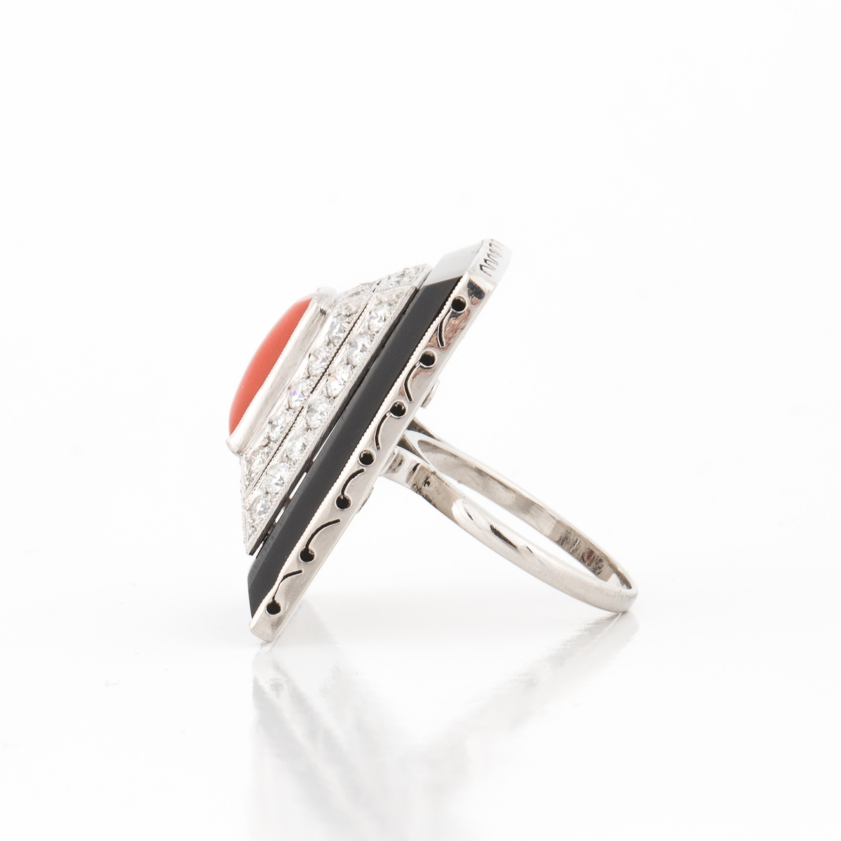 Mixed Cut Coral Onyx and Diamond Ring in Platinum For Sale