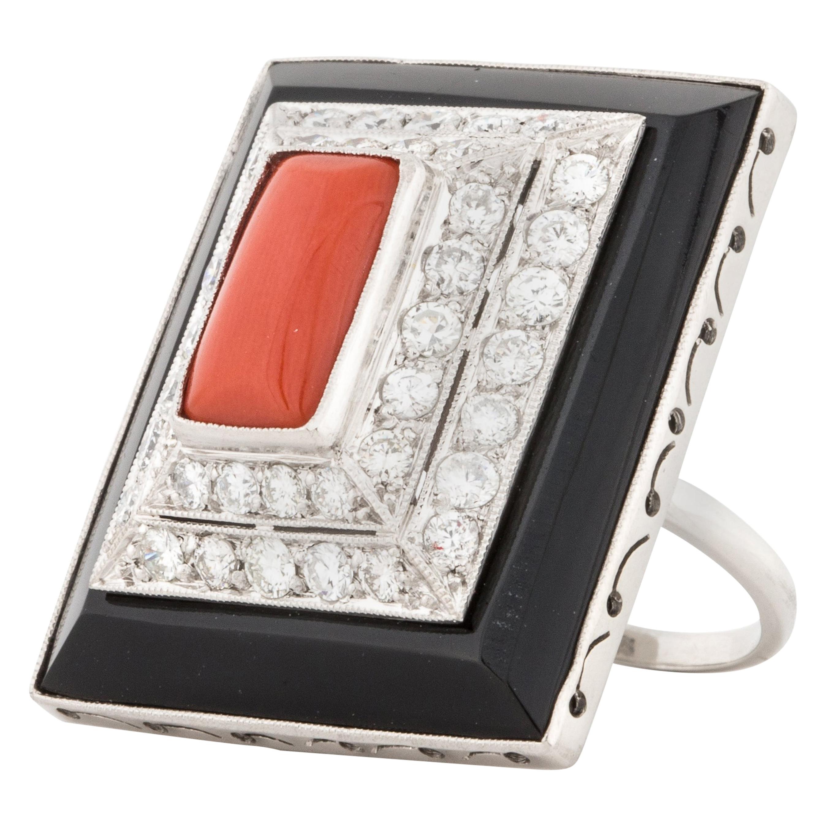 Coral Onyx and Diamond Ring in Platinum For Sale