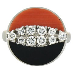 Coral Onyx and Diamond Ring, Vintage 14k White Gold