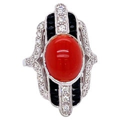 Coral, Onyx and Diamond Statement Ring