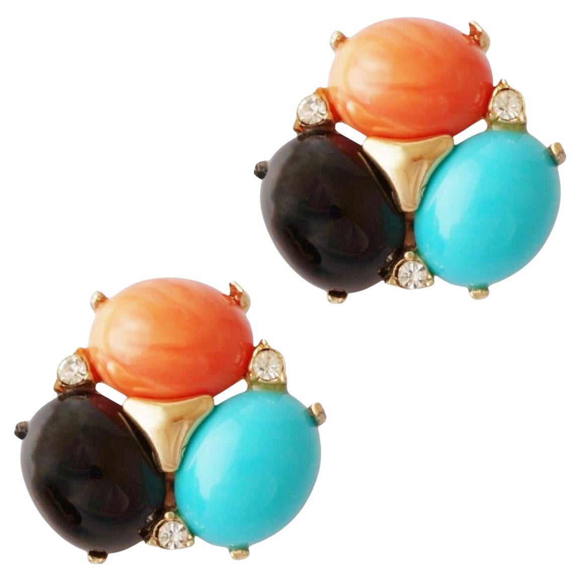 Pendientes con cabujón de coral, ónix y turquesa, Ciner, años 80 en venta