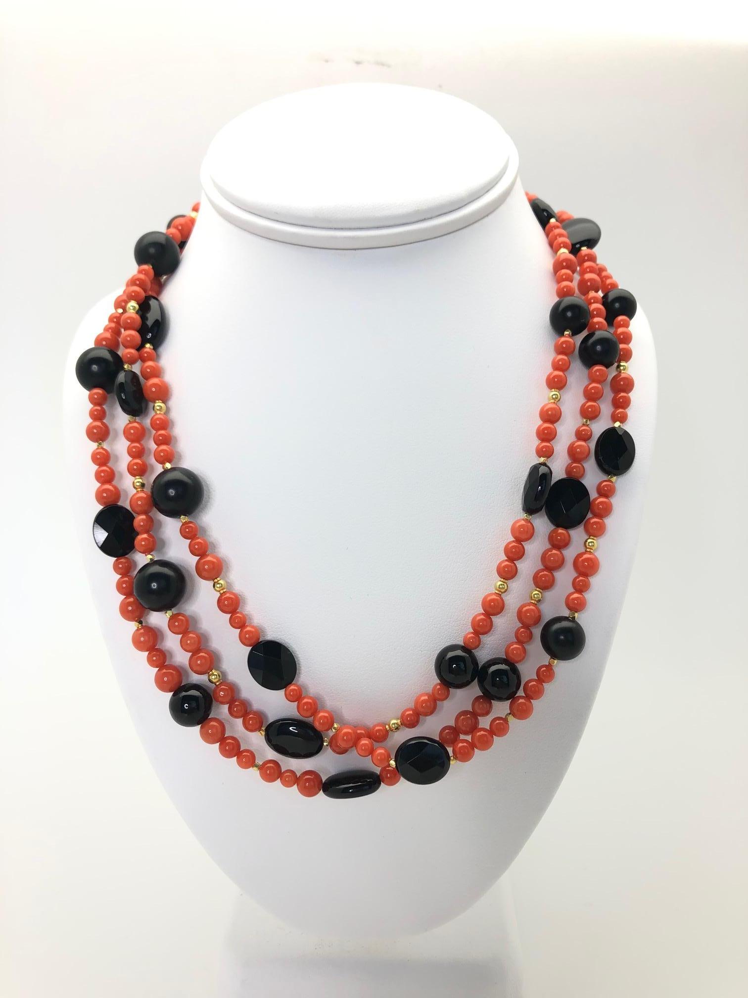 Coral, Onyx and Yellow Gold Beaded Rope Necklace, 60 Inches 2