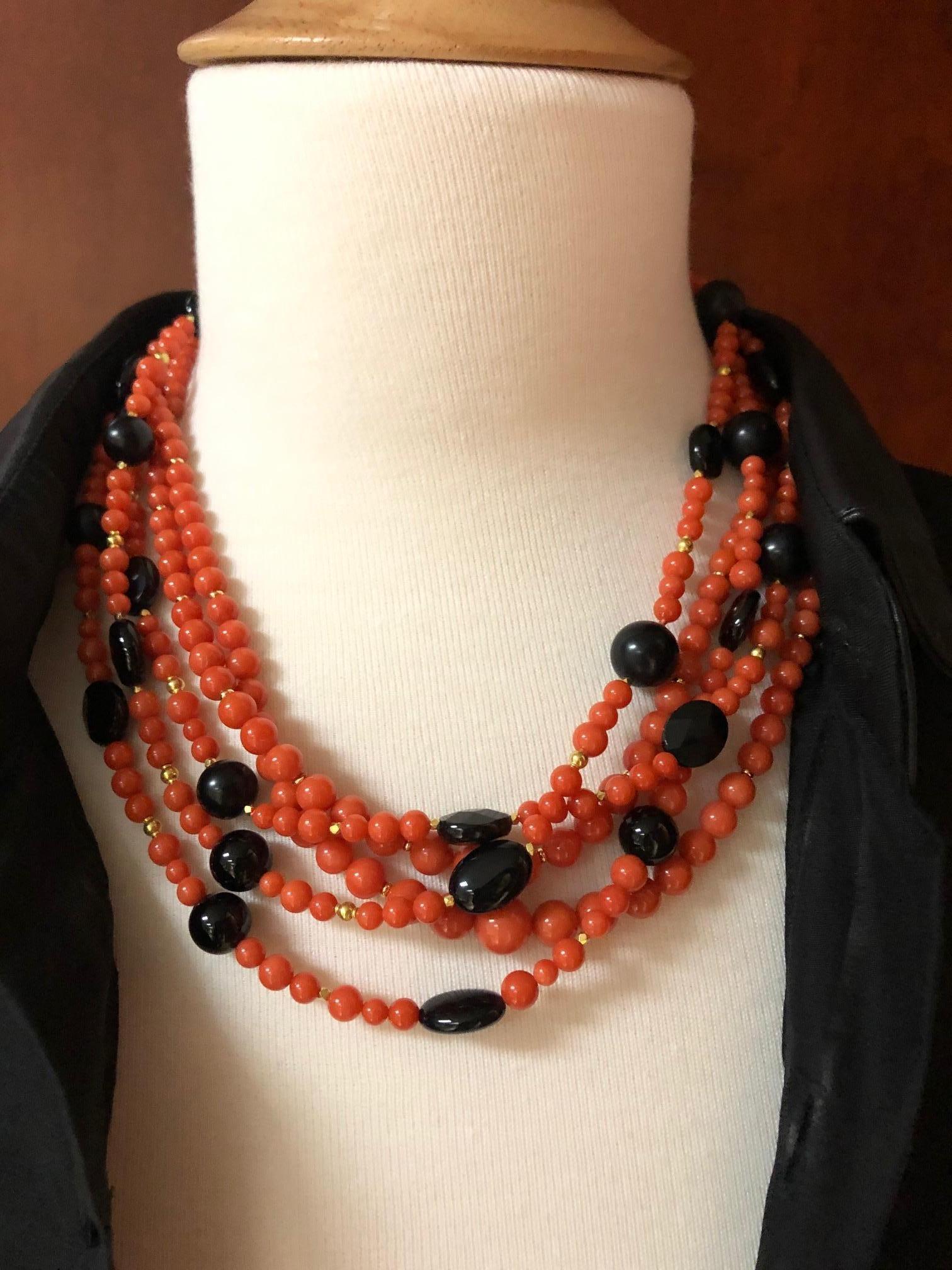 Artisan Coral, Onyx and Yellow Gold Beaded Rope Necklace, 60 Inches For Sale