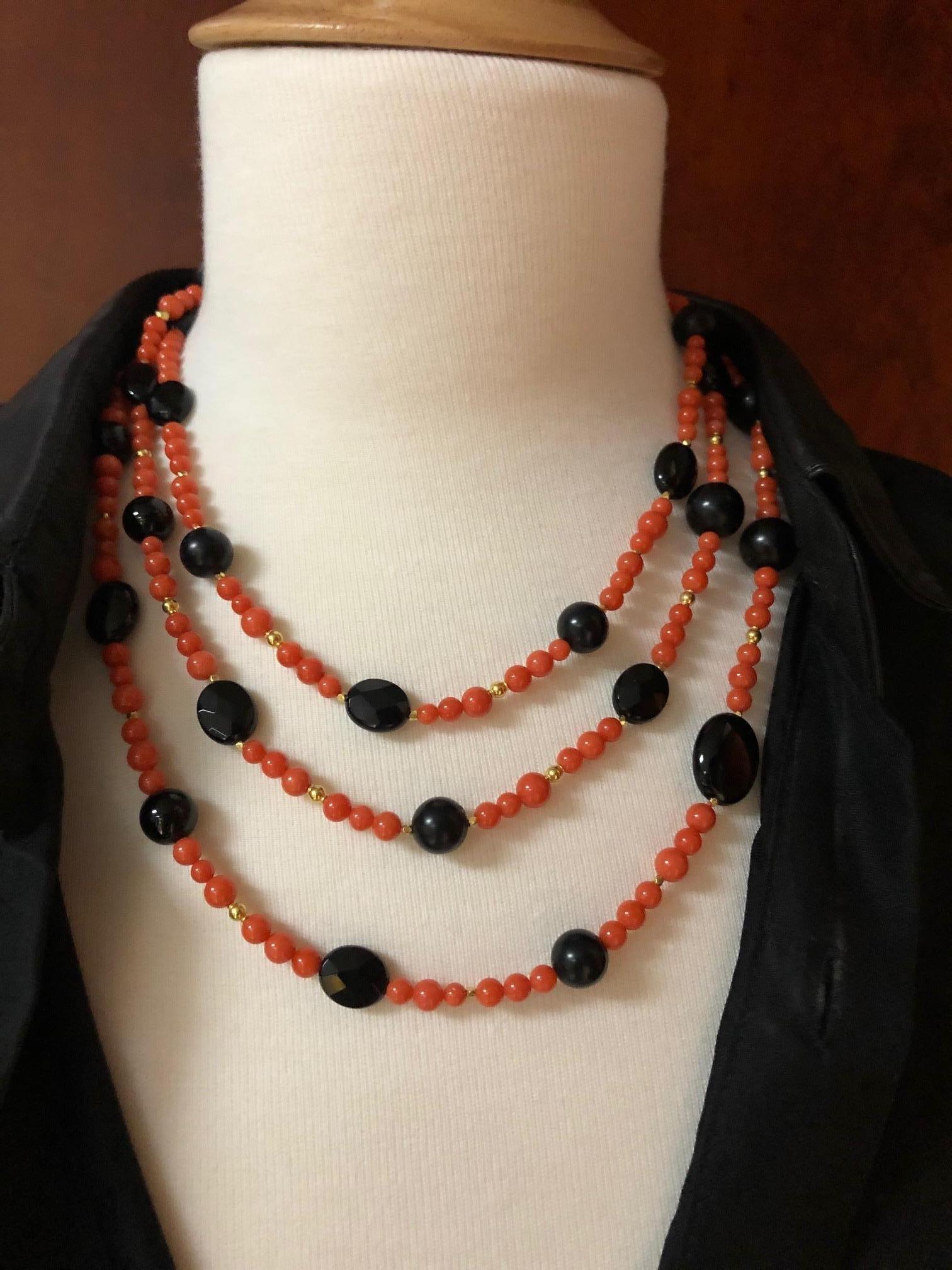 Coral, Onyx and Yellow Gold Beaded Rope Necklace, 60 Inches In New Condition In Los Angeles, CA