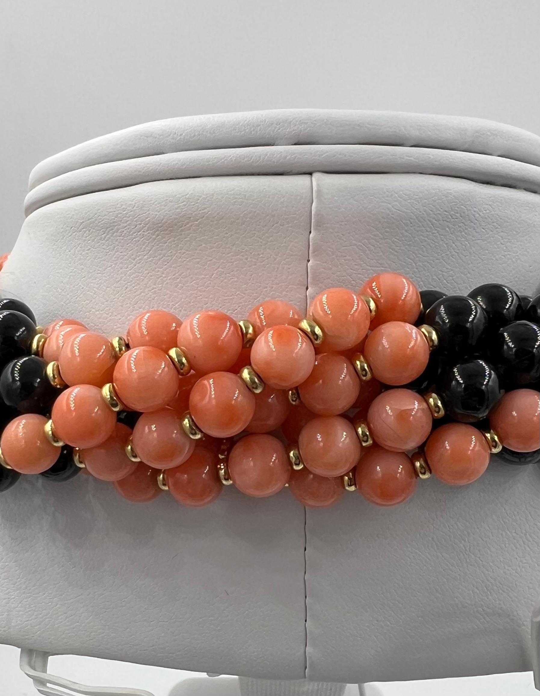 Coral Onyx Black Jade Multi Strand Torsade Bead Necklace For Sale 5