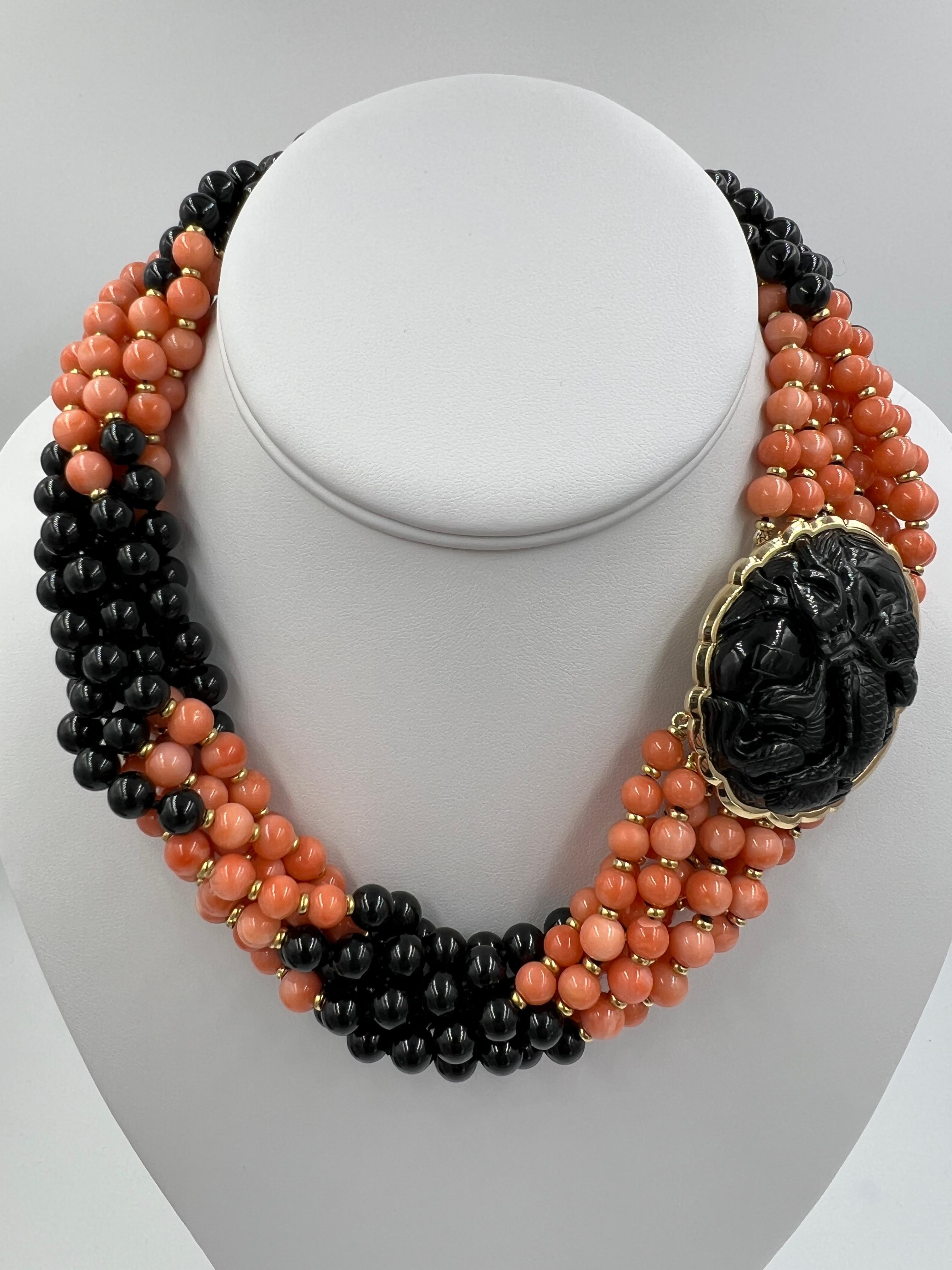 Coral Onyx Black Jade Multi Strand Torsade Bead Necklace For Sale 6