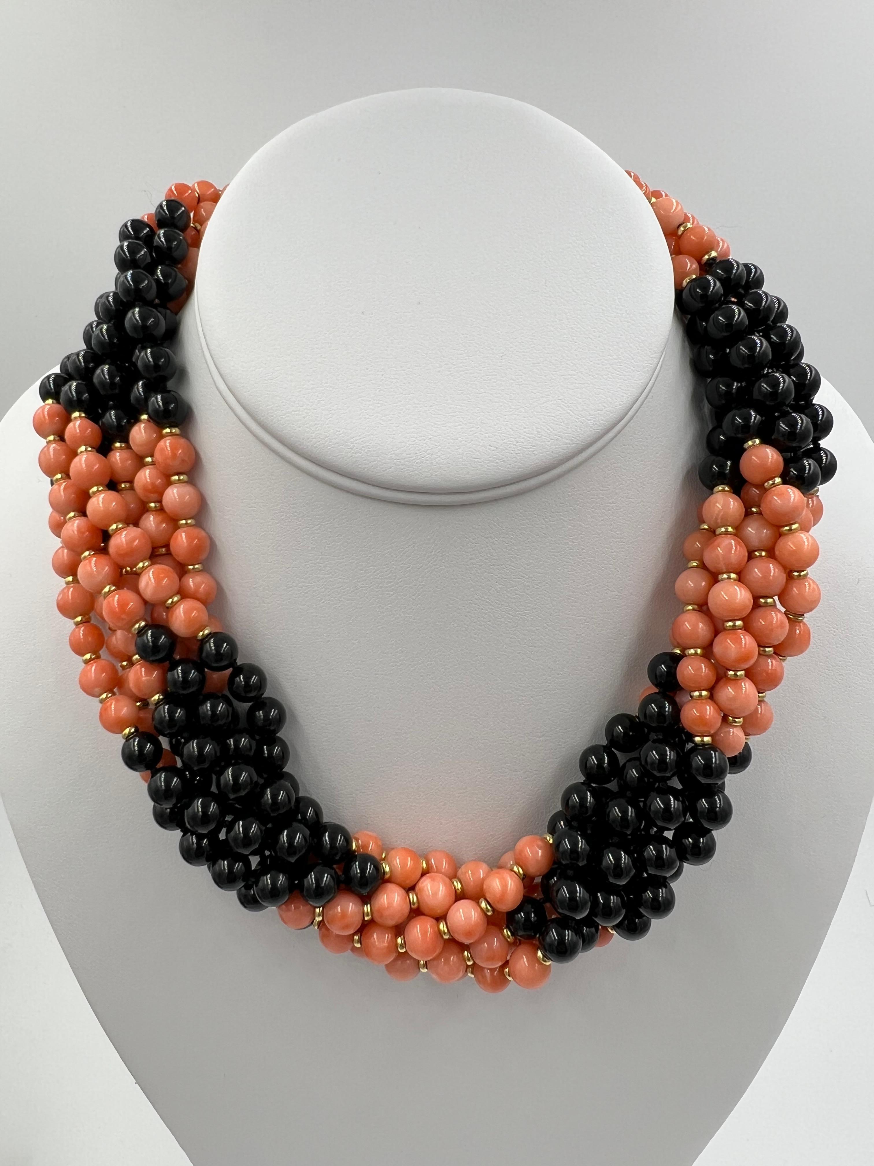 Coral Onyx Black Jade Multi Strand Torsade Bead Necklace For Sale 7