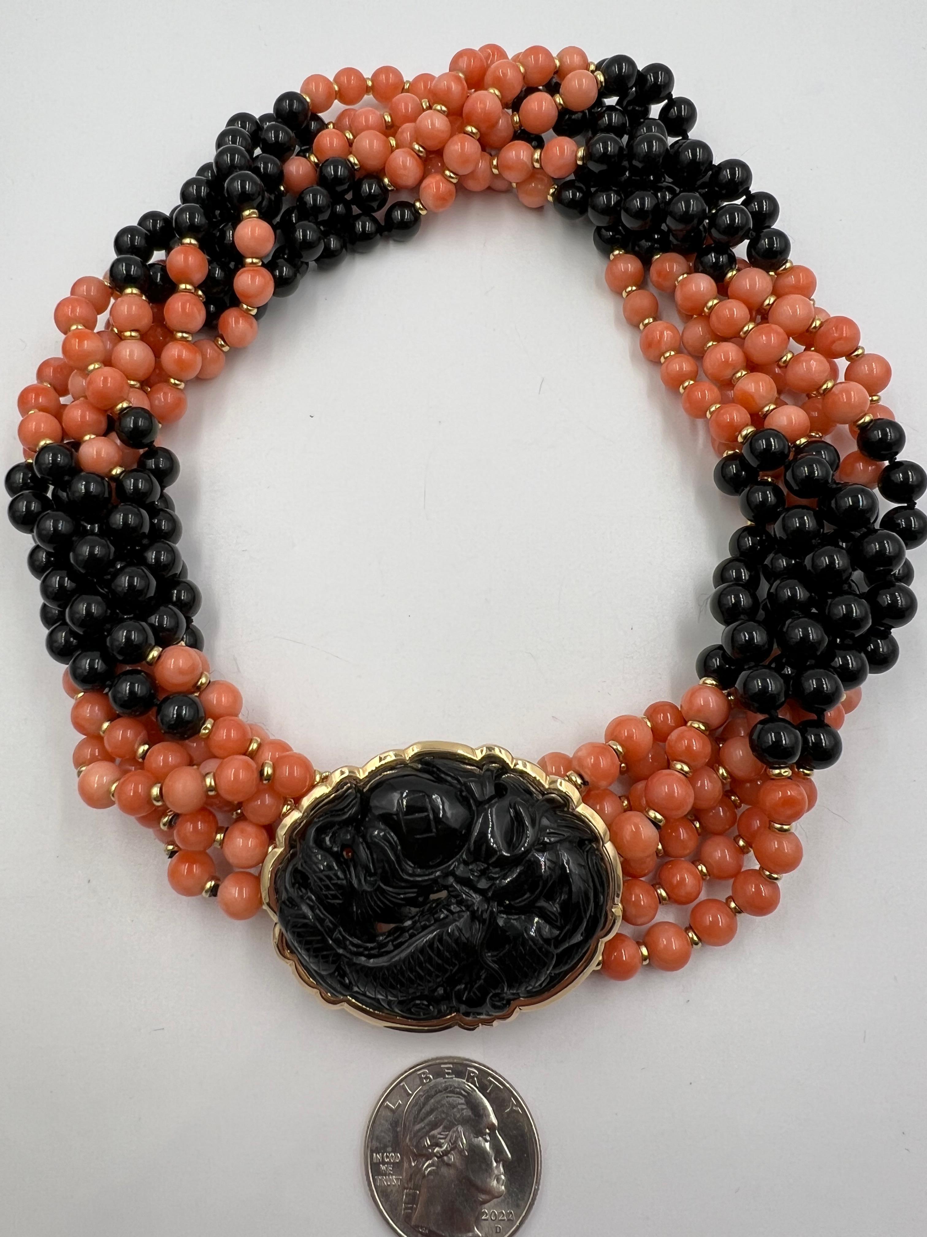 Coral Onyx Black Jade Multi Strand Torsade Bead Necklace For Sale 8