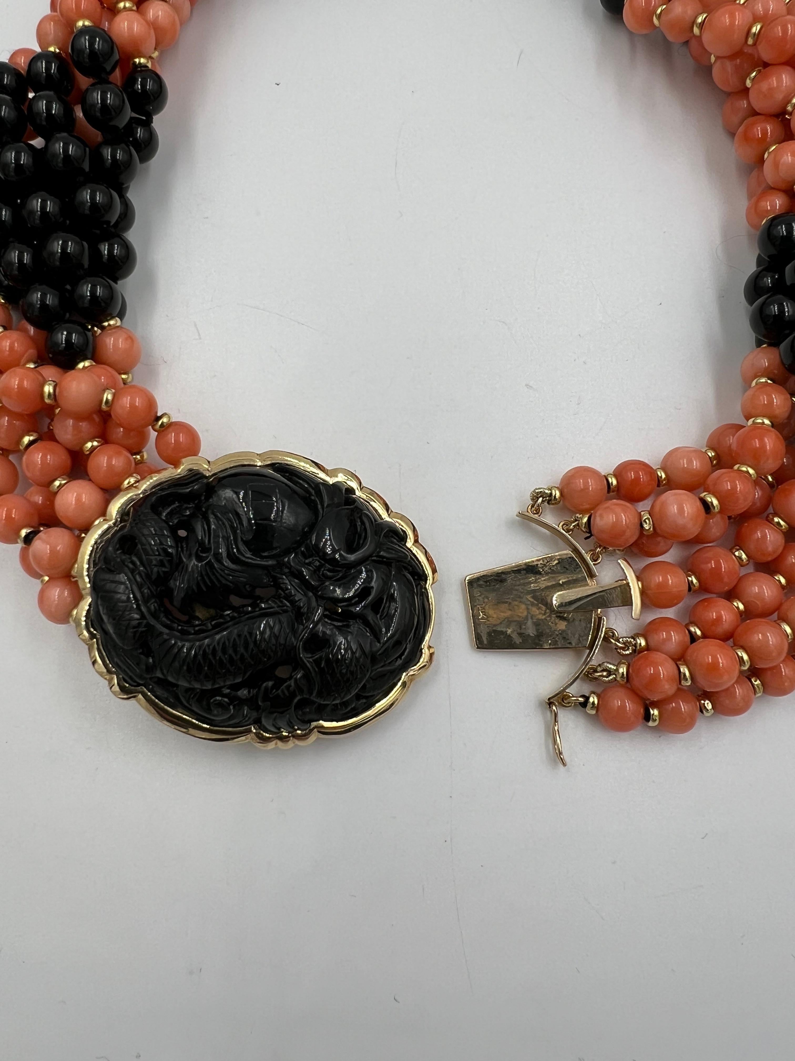 Coral Onyx Black Jade Multi Strand Torsade Bead Necklace For Sale 9